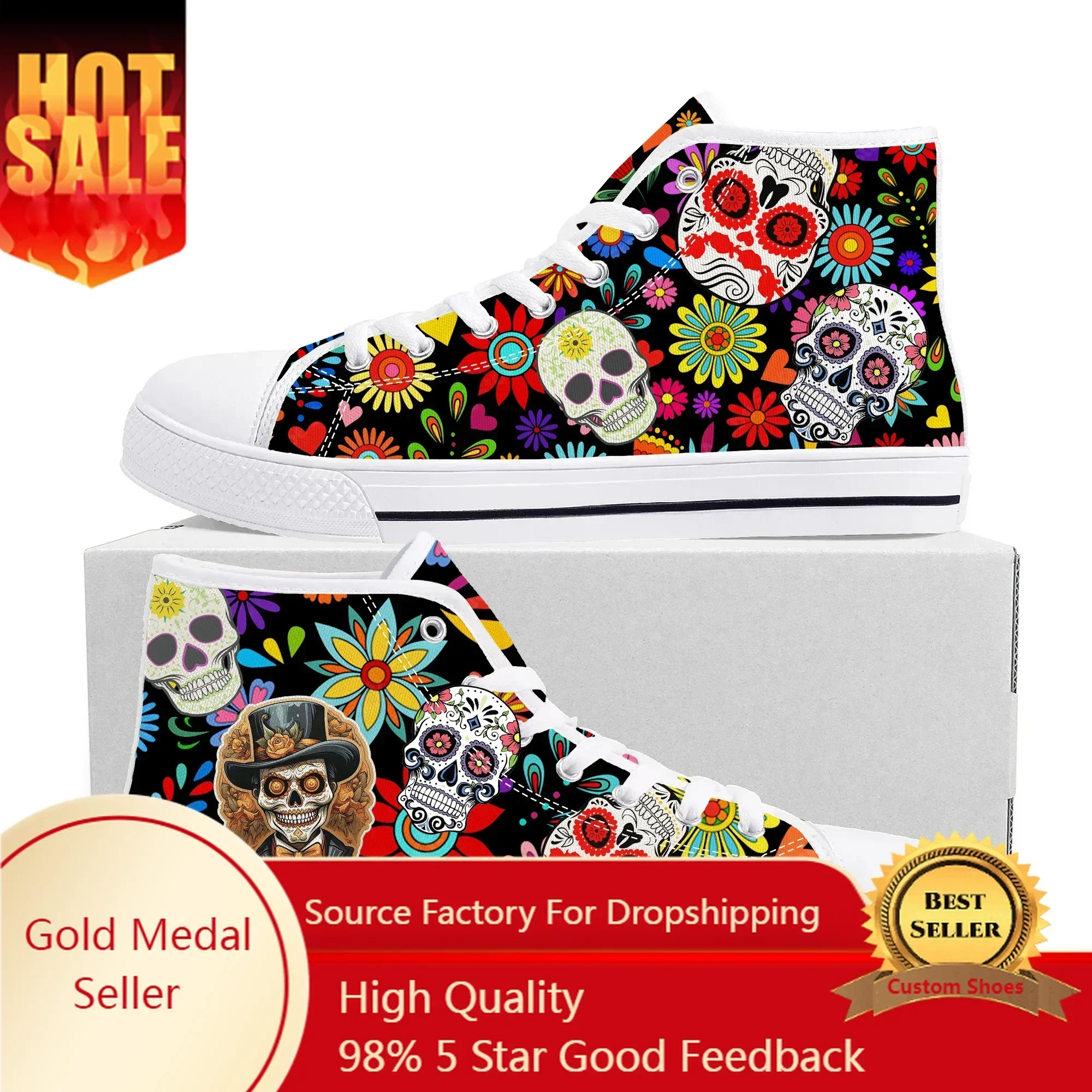 Day of The Dead Pattern Design High Top Shoes Mens Womens Teenager High Quality Sneakers Canvas Sneaker Couple Custom Shoe