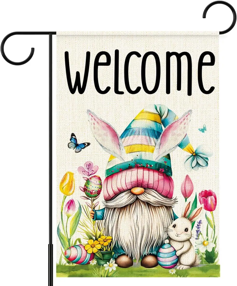 Welcome Easter Garden Flag,Easter Gnome Small Yard Flag,Spring Theme Welcome Garden Flags for Outside Outdoor,12x18 Inch Bur GGO