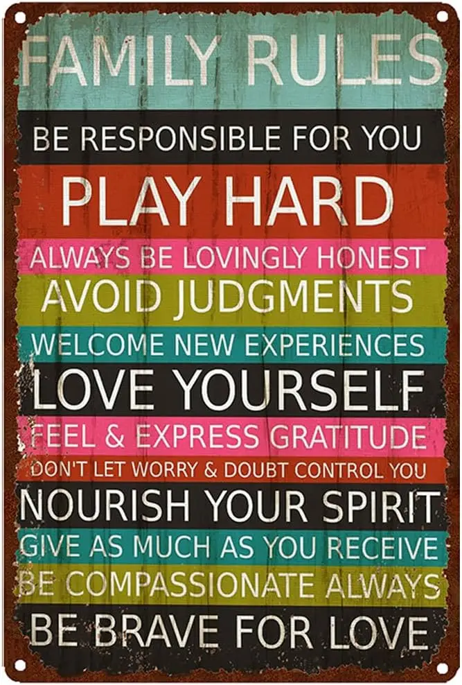 Paly Hard Wall Decoration - Family Rules ​Metal Signs Artwork - Original Vintage Design Tin Metal Wall Art Print Poster - Thick