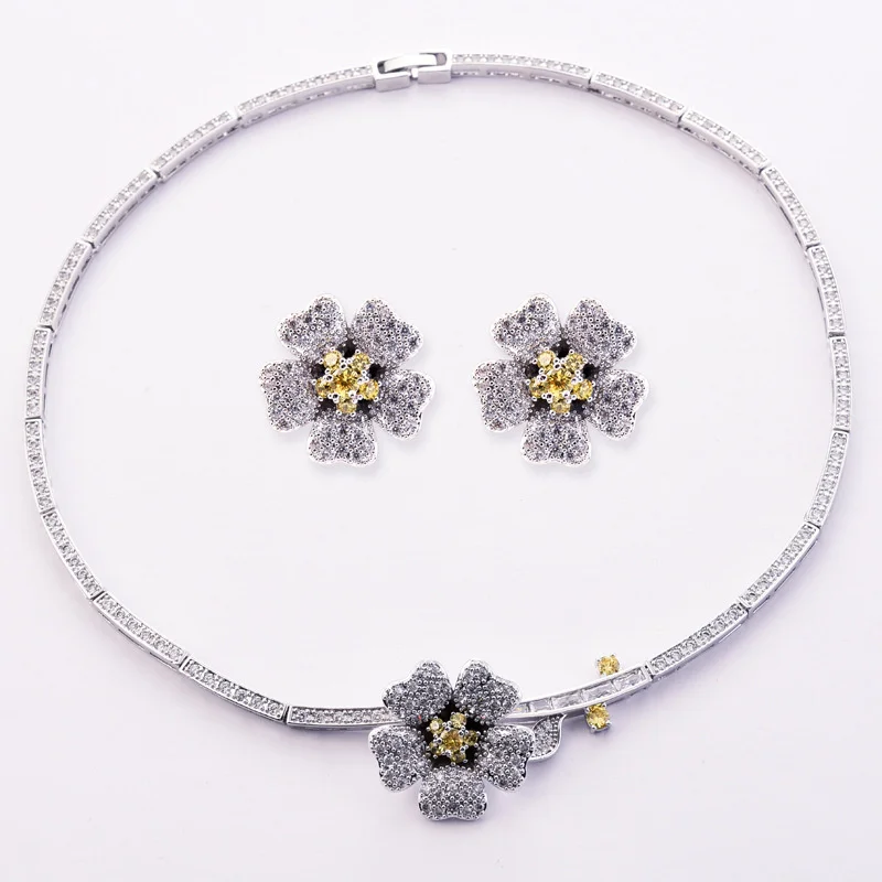 genuine Luxury brand real jewels Korean version flower zircon collar, Bridal Necklace, earrings, jewelry, evening wedding dress,