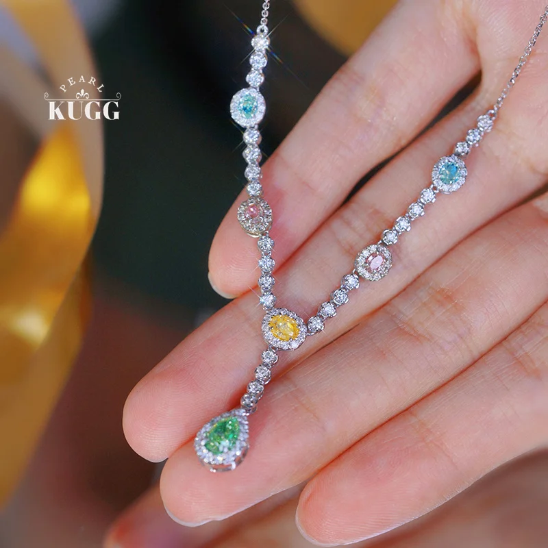 KUGG 100% 18K White Gold Necklace Romantic Riambow Style Real Natural Colors Diamond Necklace for Women High Engagement Jewelry