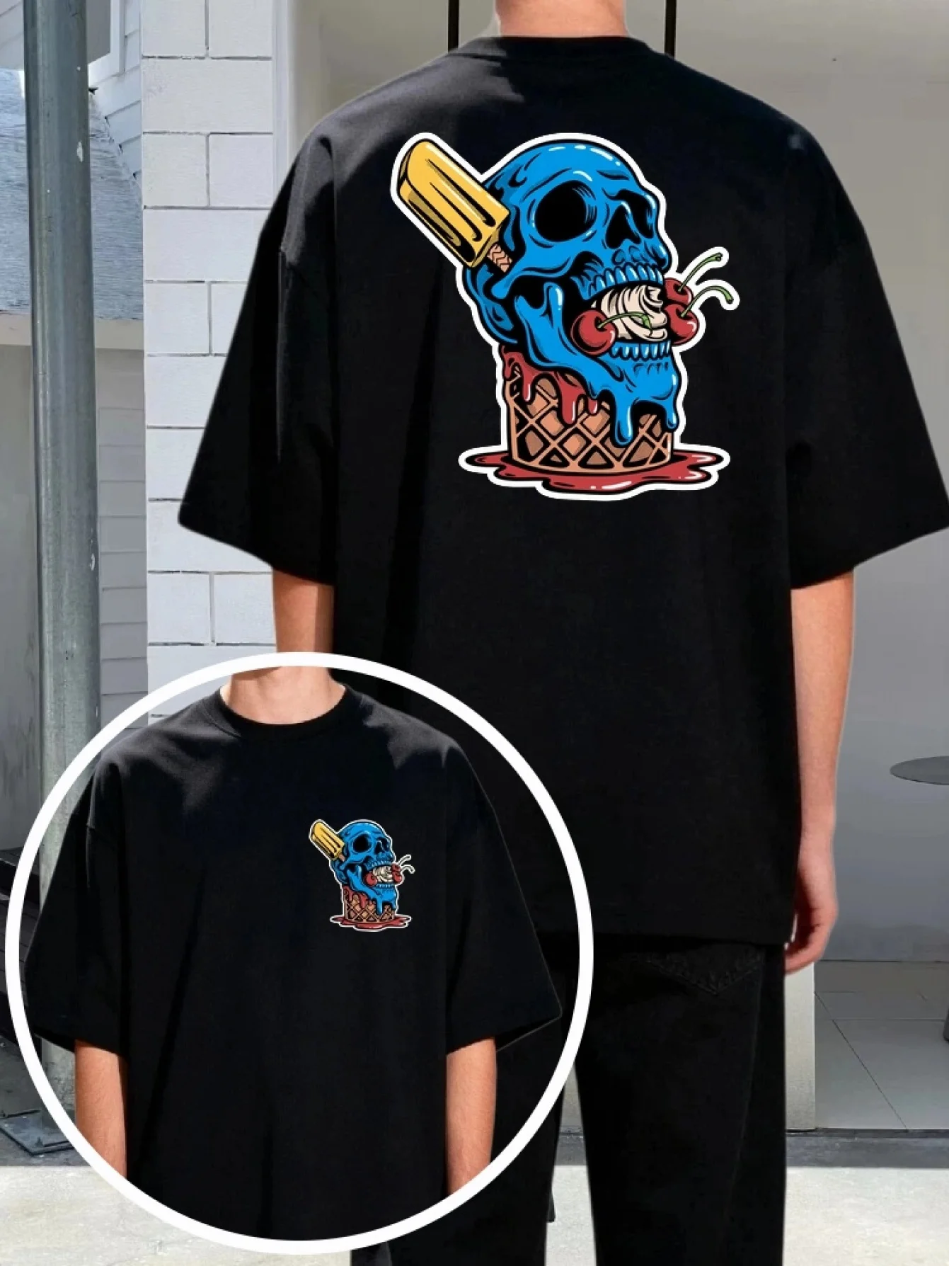 Double-sided Printed Short-sleeved Shirt Black T-shirt Blue Skull Ice Cream Cone Cherry Popsicle Melting Dessert