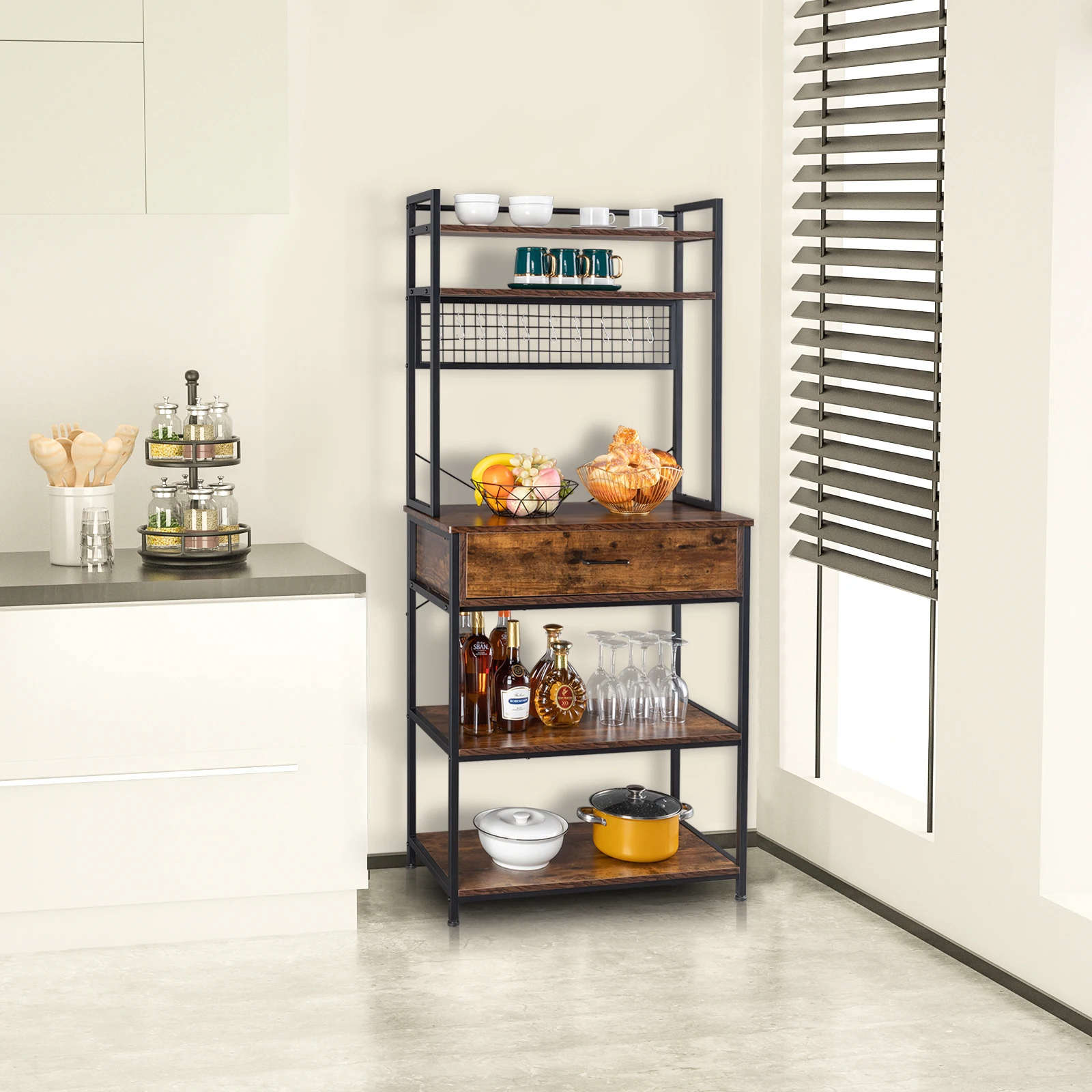 

5-Tier Kitchen Bakers Rack with 10 S-Shaped Hooks and 1 drawer , Industrial Microwave Oven Stand