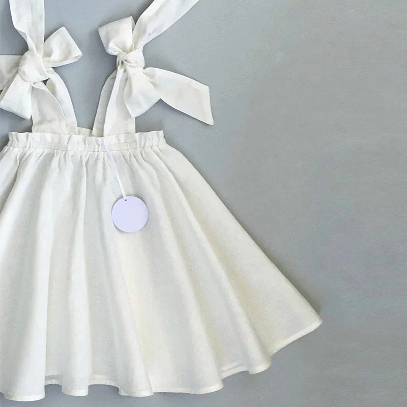 Summer Girl\'s Bow Tie Shoulder Straps 100% Cotton White Dress 2024 New Flower Girl Loose Vacation Party Princess Dresses