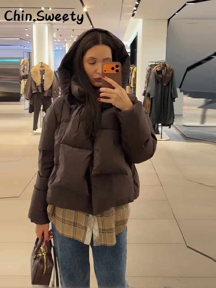 المرأة الدافئة انفصال وشاح طوق مقنعين معطف القطن الصلبة كم كامل أزرار جيب رشاقته سترة 2025 الشتاء سيدة أبلى