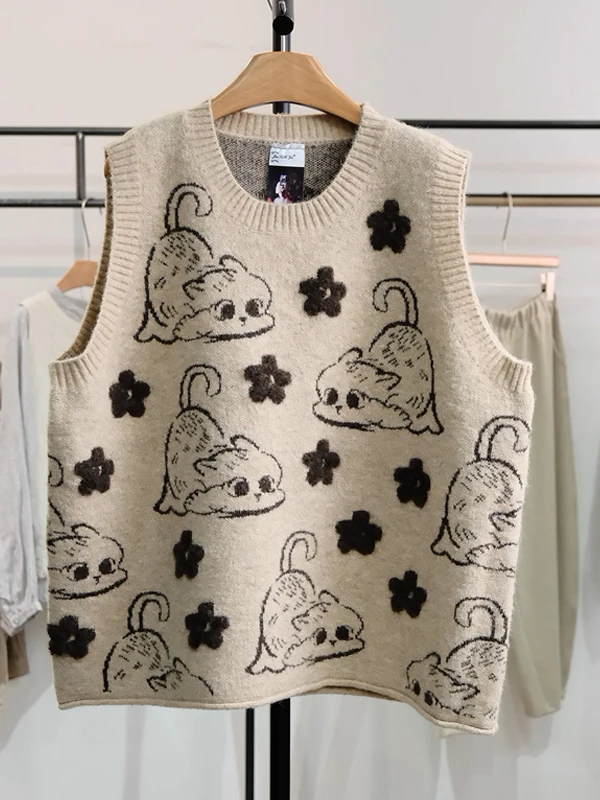 Autêntico outono inverno redondo ne malha colete feminino faion retro dos desenhos animados modelado colete meninas roupa interior produção chinesa