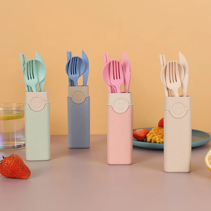 Amazon-cuchillo portátil de trigo, tenedor, cuchara, palillos, juego de cuatro piezas, caja de almacenamiento al aire libre para estudiantes portugueses, juego de vajilla