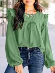 ZANZEA Women Ruffles Trim Tunic Tops Street Fashion Autumn 2024 Lantern Sleeve Elegant Blouses O Neck Solid Color Blusas Mujer