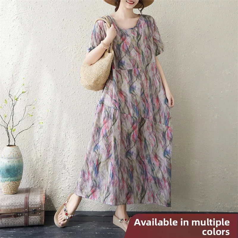 

Summer Large Size round Neck Print Bohemian Cotton Linen Dress Irregular Travel Long Skirt Loose Fit Ladies Fashion Citywalk