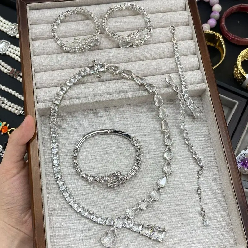 Luxury Clear Cubic Zirconia Jewelry Set Women Necklace Earrings Bracelet Set Sparkling Crystal Party Wedding Jewelry Kit