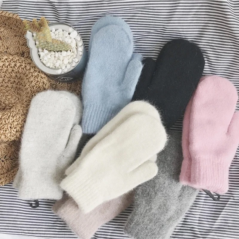 Doppel-schicht kaninchen haar handschuhe weibliche winter Koreanische version von festen farbe alle finger winter frauen handschuhe mädchen fäustlinge