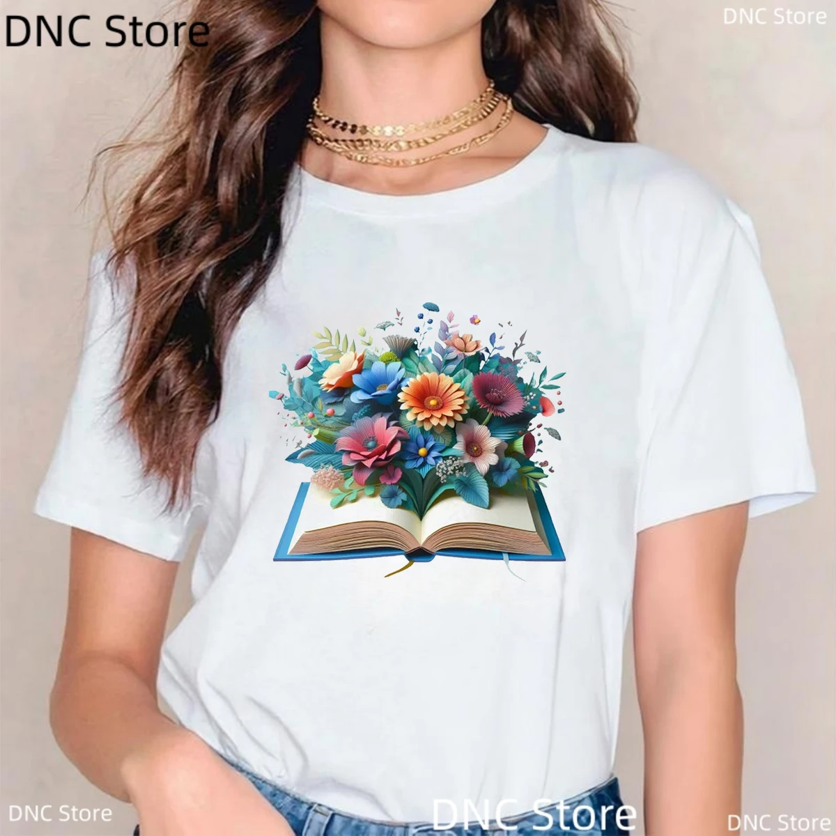 Funny  Floral Book Pattern Printed  Women T-Shirt Cute 90s Fashion Women Tshirt Casual Female Trendy Versatile T-Shirt Tops