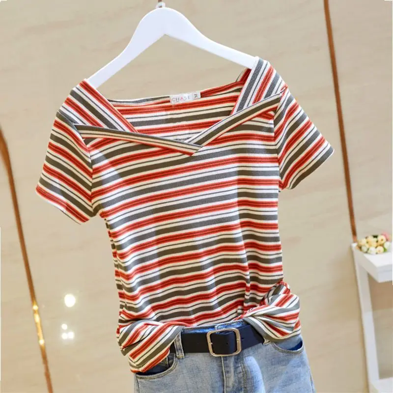 100% Cotton T Shirts Women Fashion Striped V-Neck T-Shirt Casual Short Sleeve Tops 2024 Summer Trend Thin Oversized Tshirt Y2k