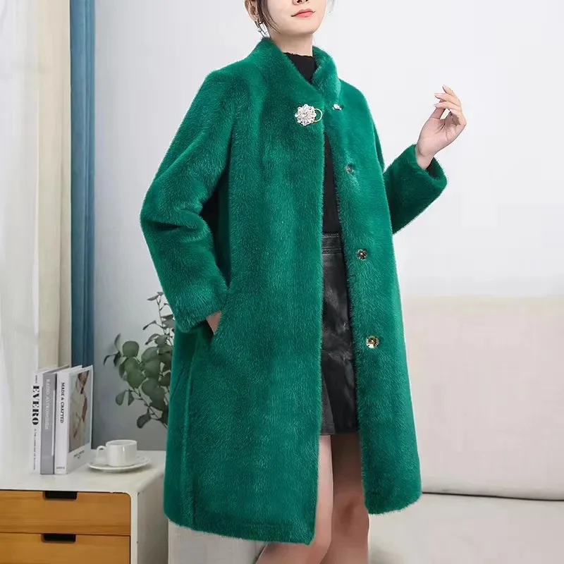 2024New Mink Fur Coat Women Autumn Winter Fur Jacket High Quality Mother With Thick Outerwear Long Slim Warm Overcoat Female Top