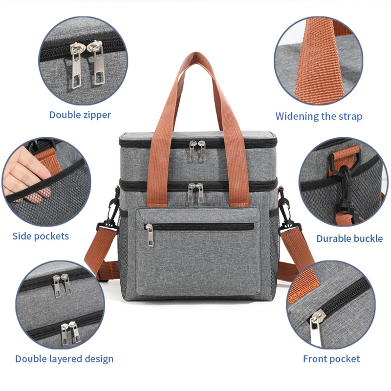 Insulated Large Capacity 12L Cooler Bag Lunch Shoulder Cold Storage Dual Layer for Containers Leakproof Oxford Foldable Gym Tote