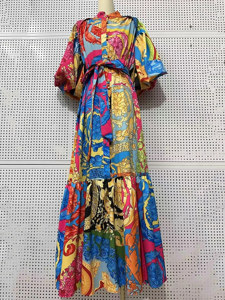 Retro-Kleid mit geometrischem Muster, Schnürung an der Taille, langen Ärmeln, modisches, lockeres, plissiertes Hemdkleid in Übergröße für Damen