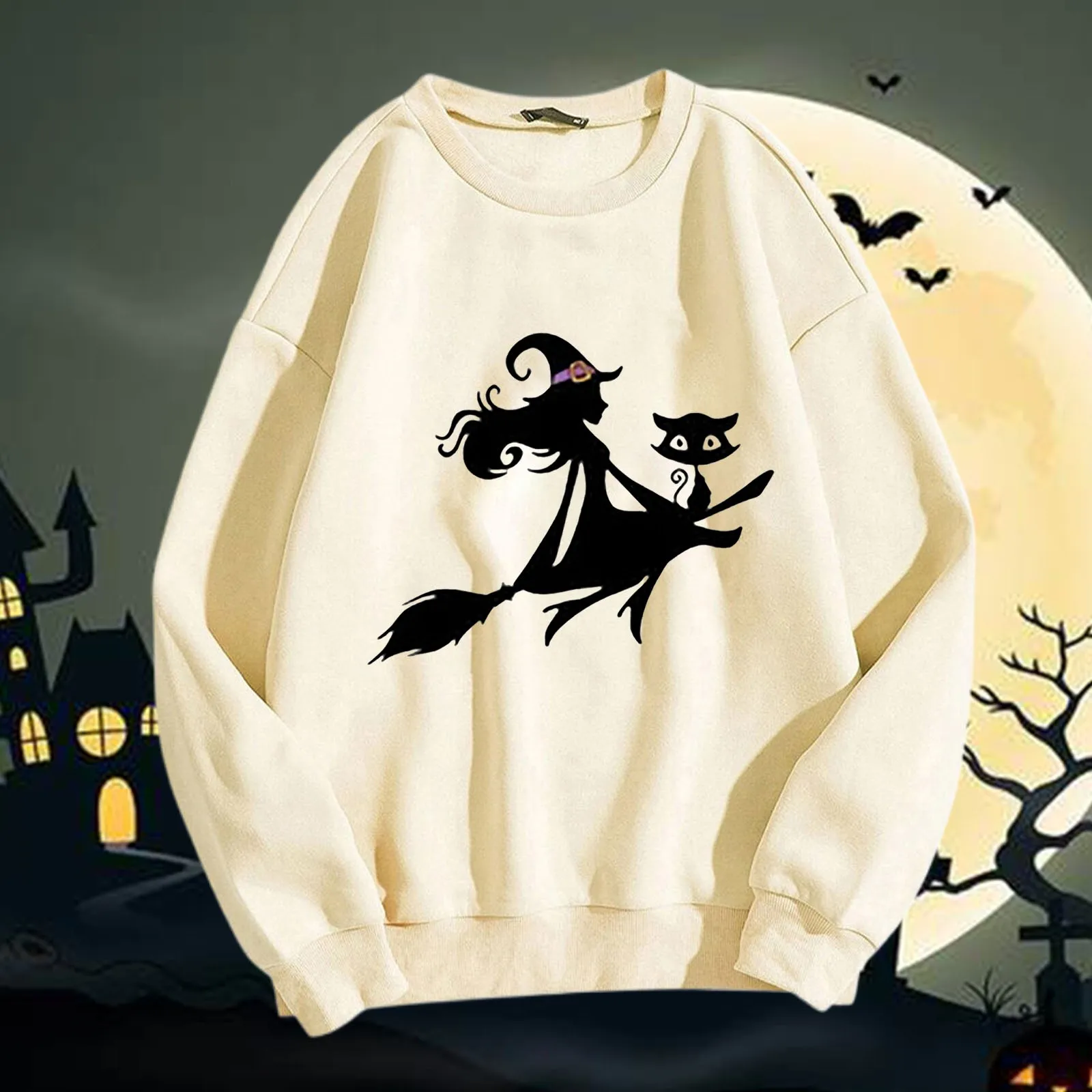 2024 New Women'S Halloween Solid Color Witch Letter Printed Hoodie Round Neck Long Sleeve Loose Pullover Fashion Simple Blouse