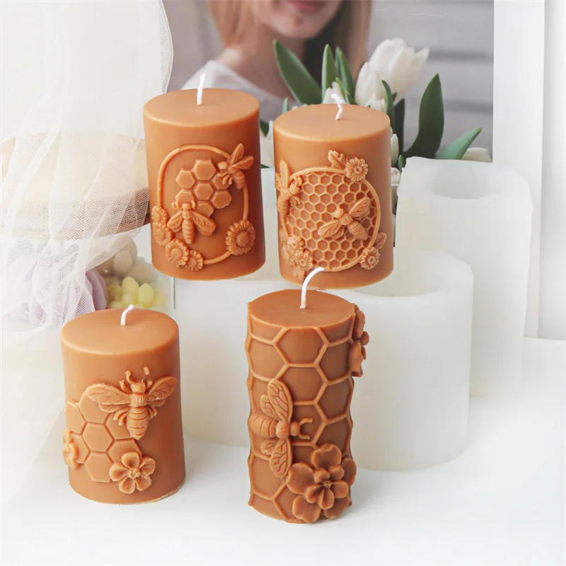 3D Relievo Flower Bee Honeycomb Cylindrical Candle Mold DIY Aromatherapy Soap Gypsum Silicone Mould Craft Gift Home Decor