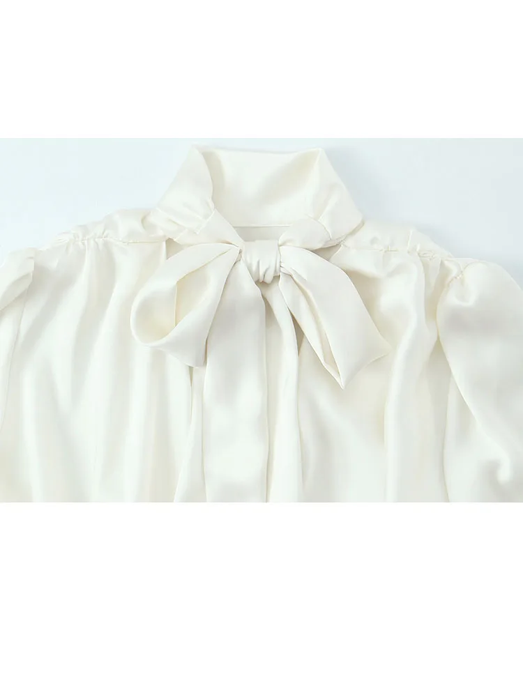 HH Donna Primavera Casual Solido Collo alto Manica lunga Top corto Donna New Fashion Bow Backless Pieghettato Decorazione Camicetta Camicia