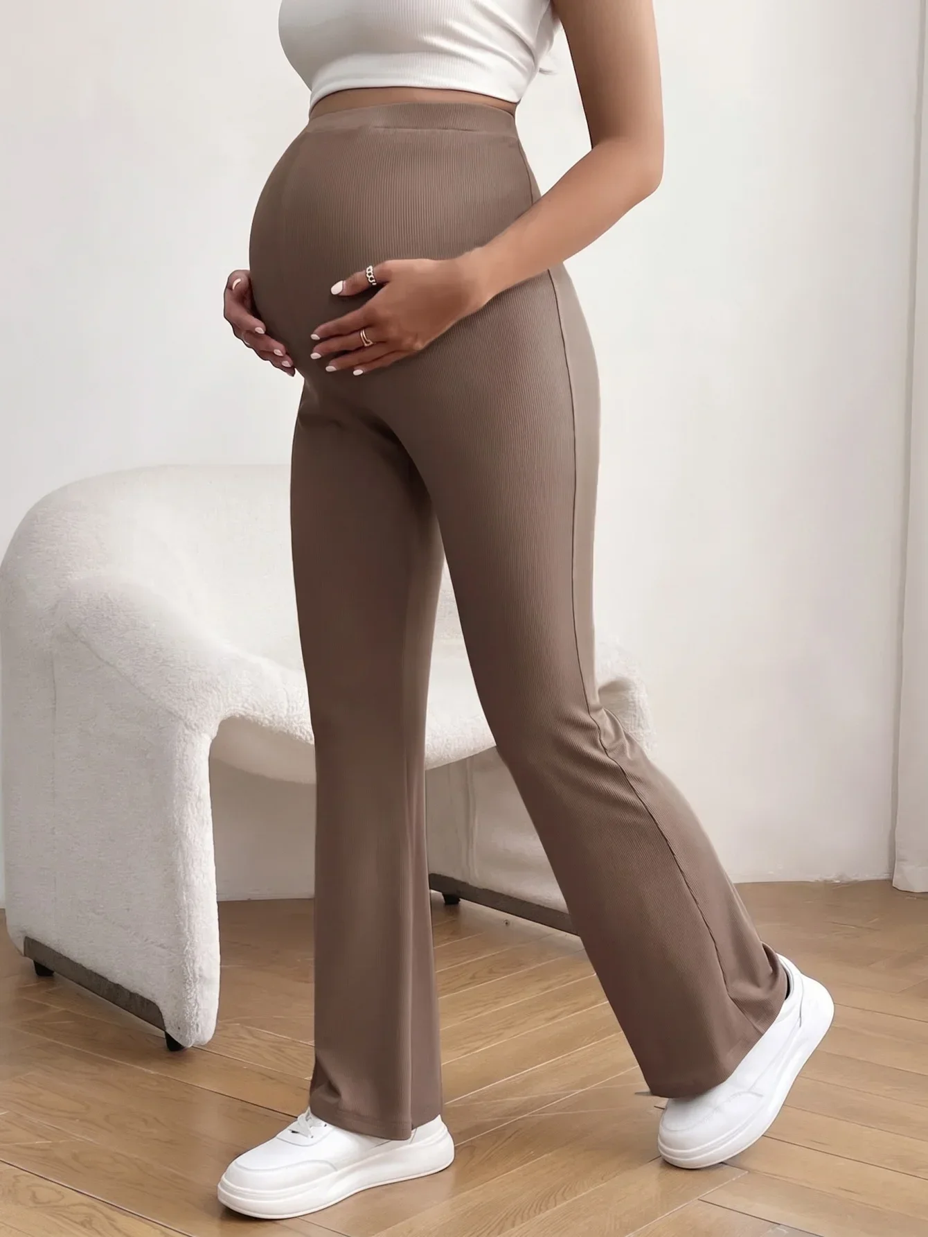 Maternity Leggings Flare Pregnancy Pants with Ribbed Over Belly