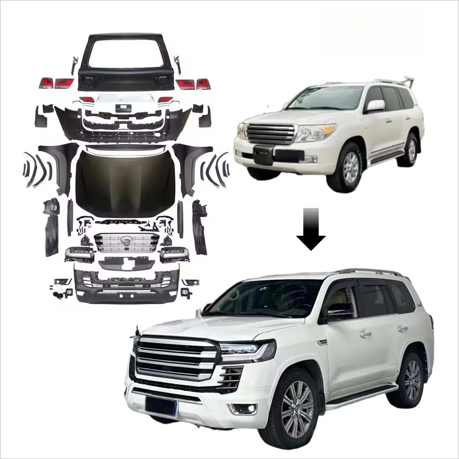 

1:1 новый стильный комплект для Land Cruiser LC200 Facelift 2008-2020, обновление до 2023, светодиодные фары, задние фонари, бампер