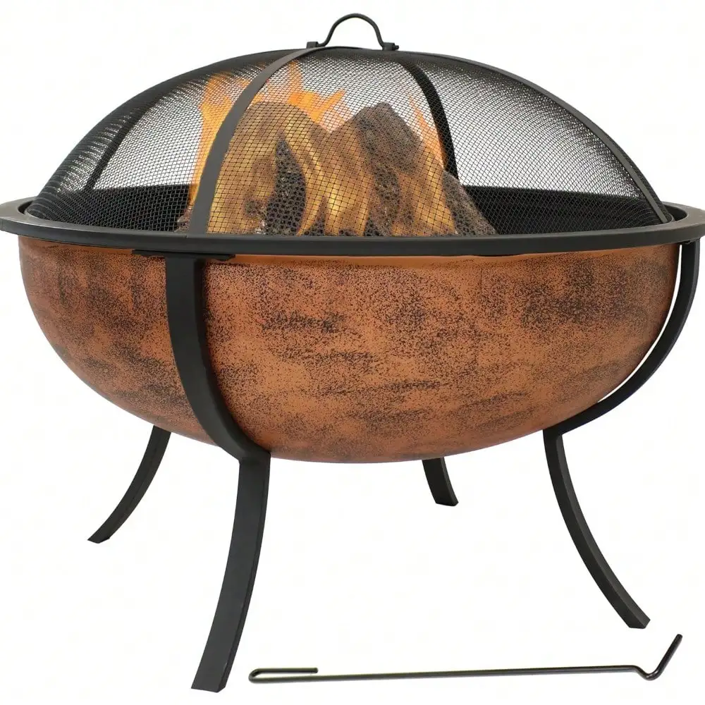 32-Inch Steel Fire Pit Bowl - Includes Spark Screen, Wood Grate, and Poker - High-Temperature Copper Finish