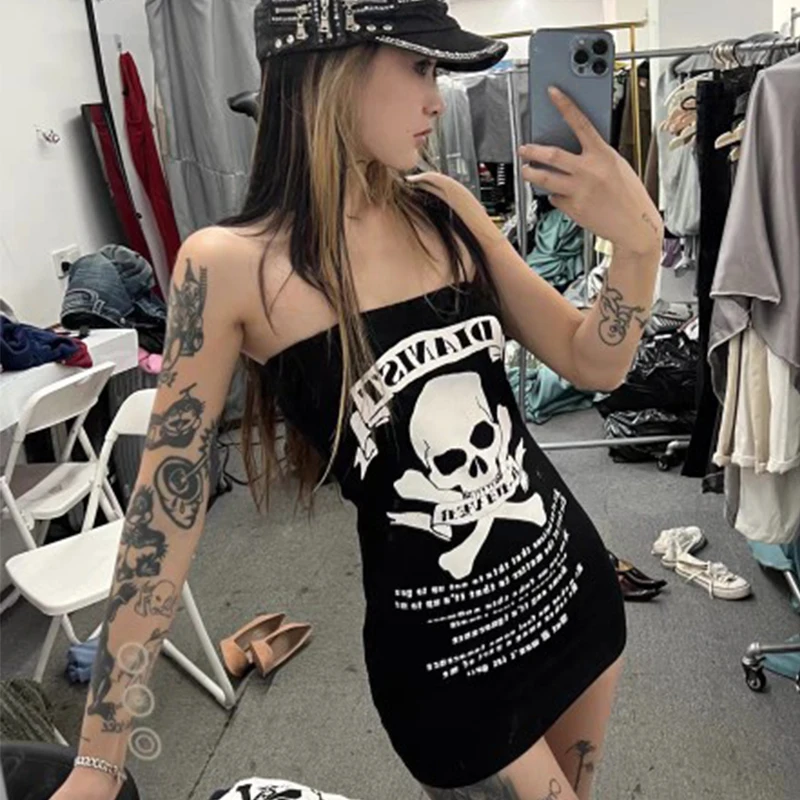 

Women Dresses Japanese arcane Y2K Vintage Skull Print Strapless Dress Summer Girls Streetwear Hip Wrap Sexy Chic Short Dresses