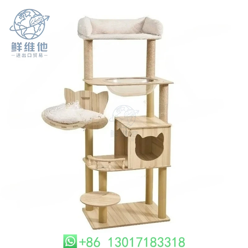 

Tall Wooden Cat Tree Tower Indoor Cat Climbing Frame with Cat Condo Soft Plush Top Perch Rest House