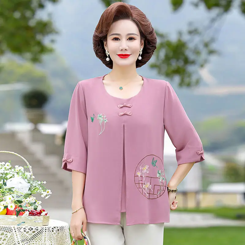 

Mid aged Mother's Summer Shirt with Fake Two Piece Vintage Women's Top