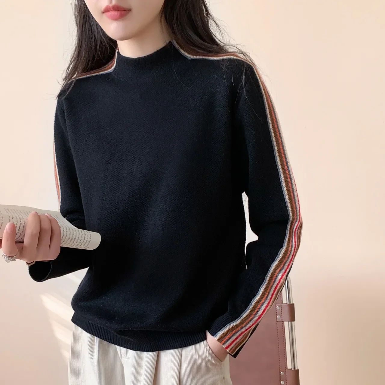 2024 New Semi-turtleneck Simple Casual Knitted Sweater Autumn Winter Clothes Women Loose Long-sleeved Tops Sweater Pullover