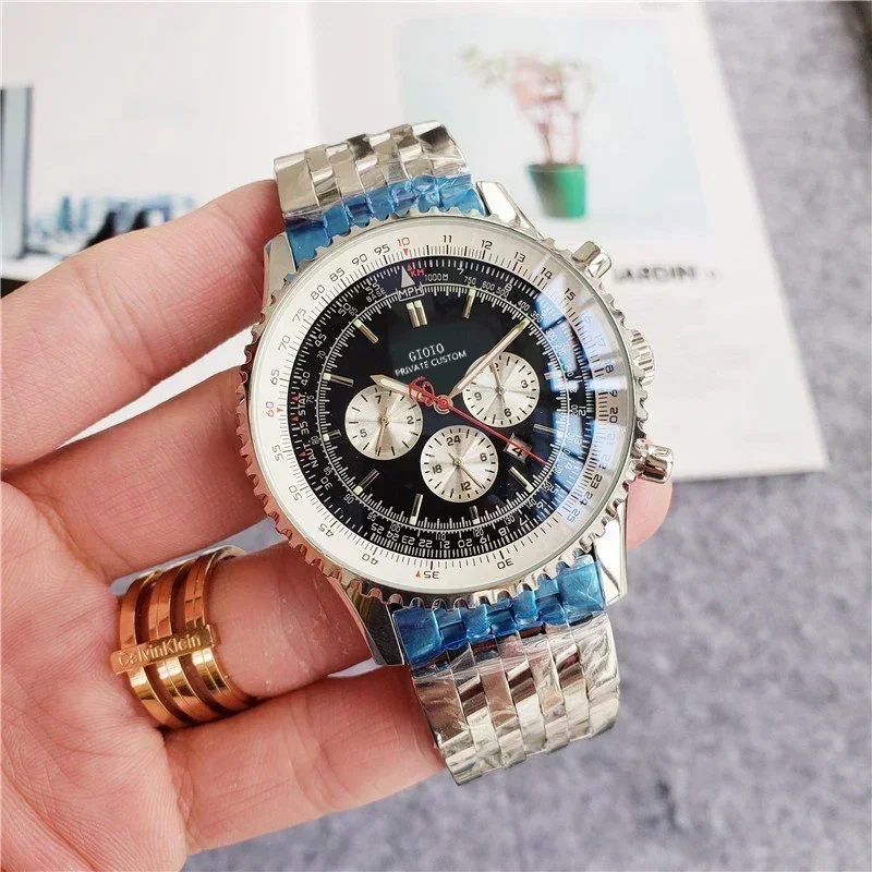 Luxury Mens Quartz Chronograph Watch Black Blue Leather Stainless Steel Luminous Sapphire Calendar Yellow Dial