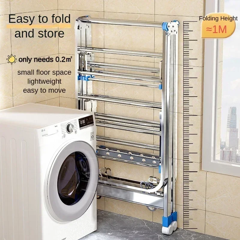 Folding Clothes Drying Rack, Large Capacity Laundry Drying Rack, Adjustable Stainless Steel Clothes Rack Movable Laundry Dryer