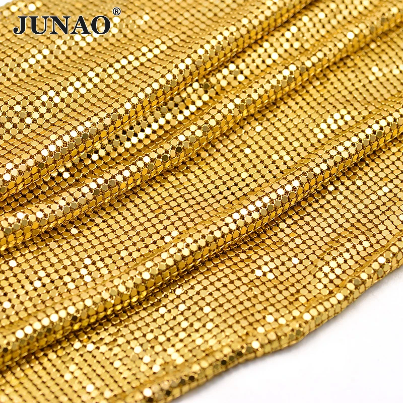 JUNAO 40*150cm Black Sequins Mesh Rhinestones Trim Aluminum Sheet Metal Fabric Applique For DIY Bags Sexy Clothing Decoration