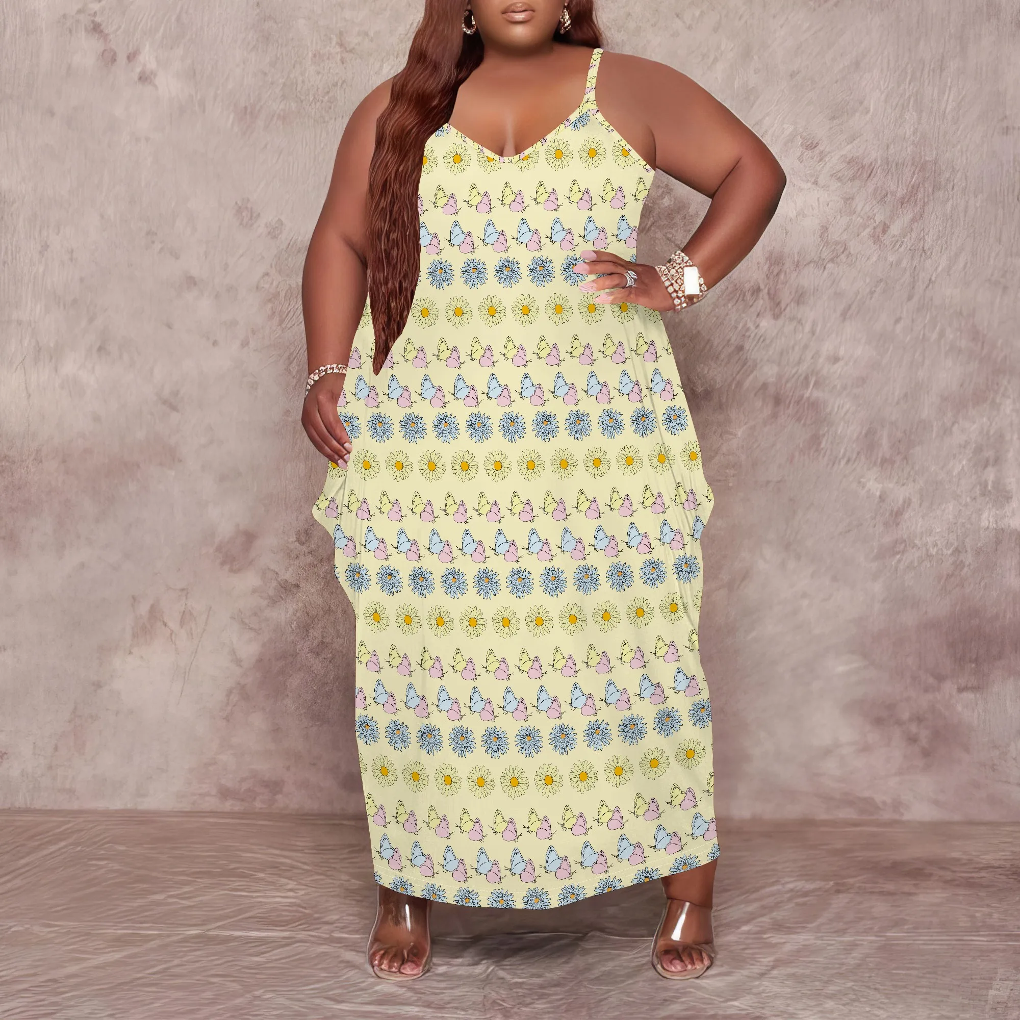 Vestido de talla grande para mujer, vestido largo holgado con bolsillo, transpirable, estampado de mariposa bohemio XL-6XL