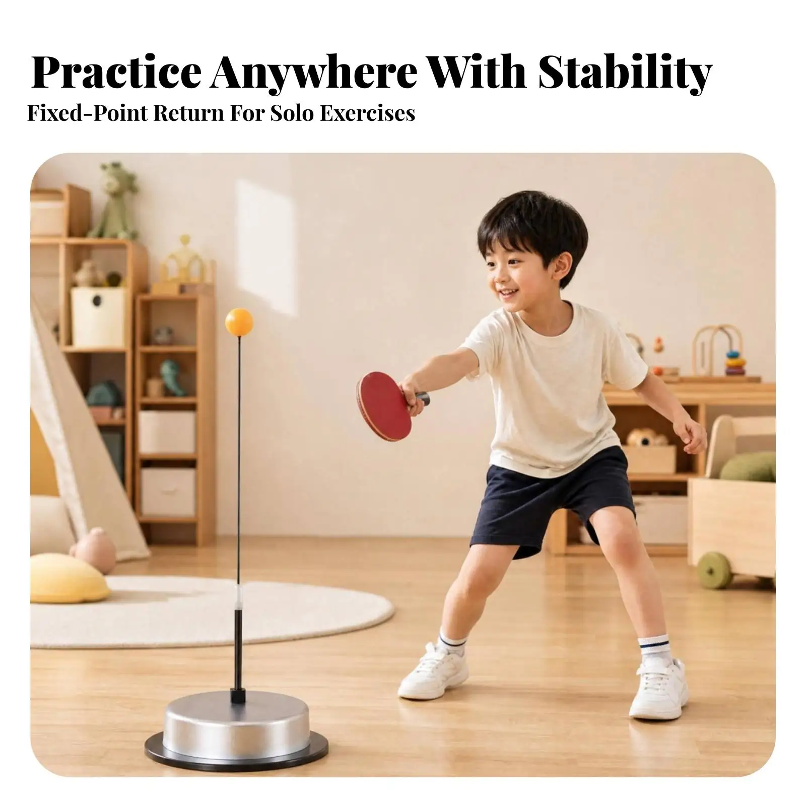 Indoor Table Tennis Trainer Returner with Weighted Support and Elastic Arms for Solo Bounce Back Drills and Coordination