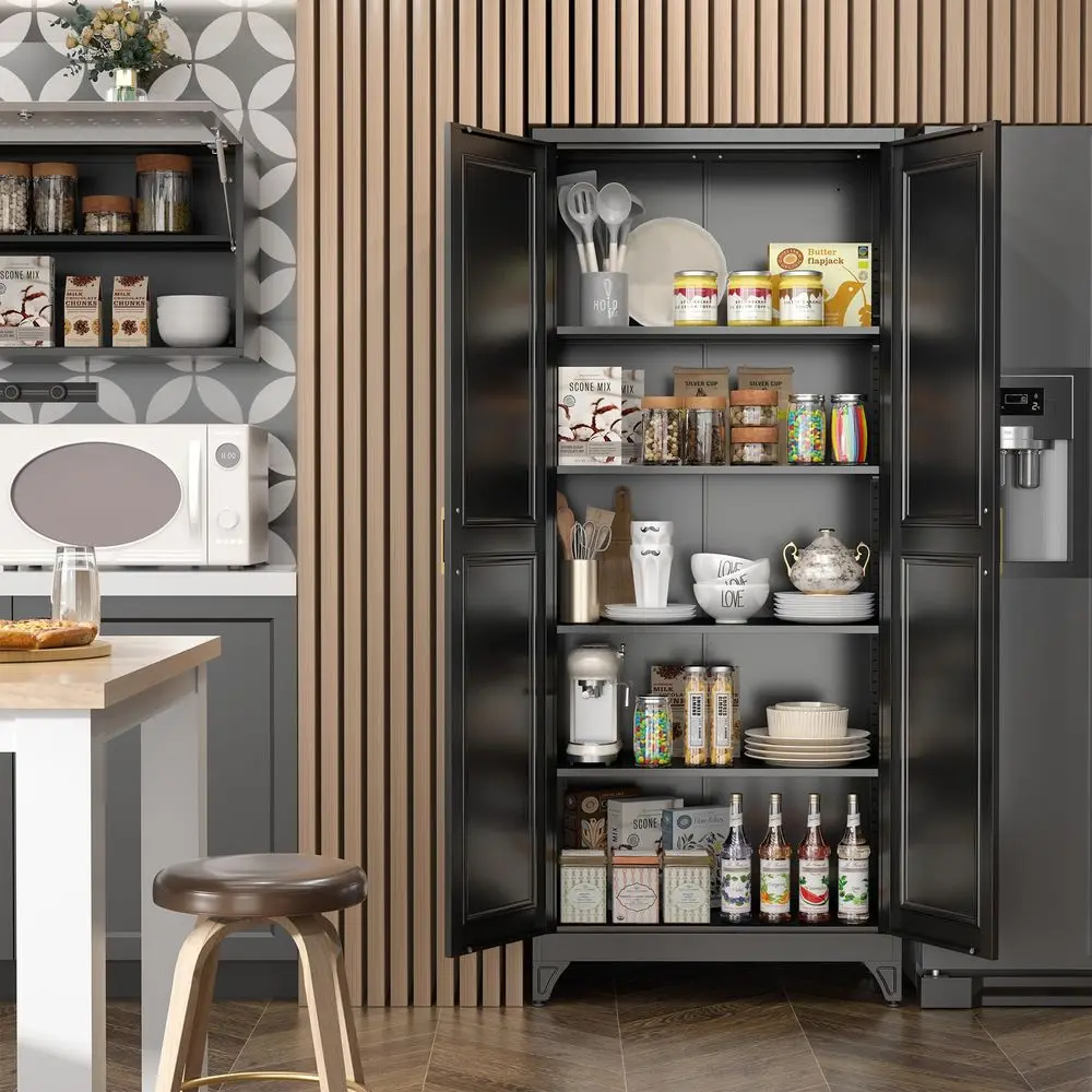 

Black Metal Pantry Cabinet with Doors 75 Inch Tall Kitchen Storage with 4 Adjustable Shelves And 2 Gold Handles