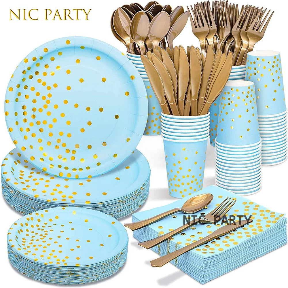 Articles de fête à pois bleus et dorés, décoration d'anniversaire, assiettes, gobelets, nappes de couleur unie, décoration de fête pour bébé, fête entre amis, cadeau