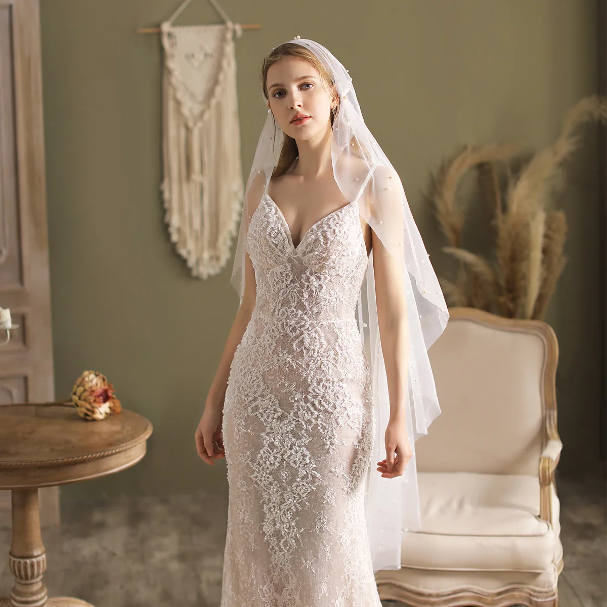 V819 New Style Pearl Bridal Veil, White Vintage Hat-Style Double-Sided Clip Wedding Photography Styling Veil Wholesale
