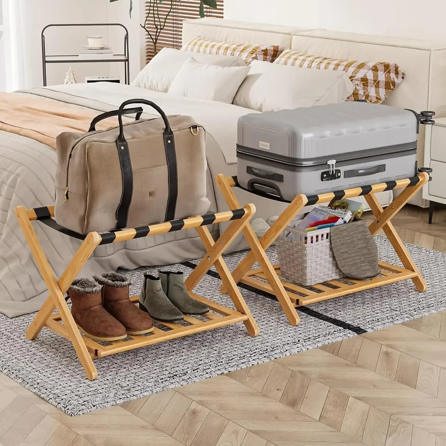 Fully Assembled Luggage Rack, Pack of 2, Folding Suitcase Stand with Storage Shelf, Luggae Stand with 5 Nylon Straps