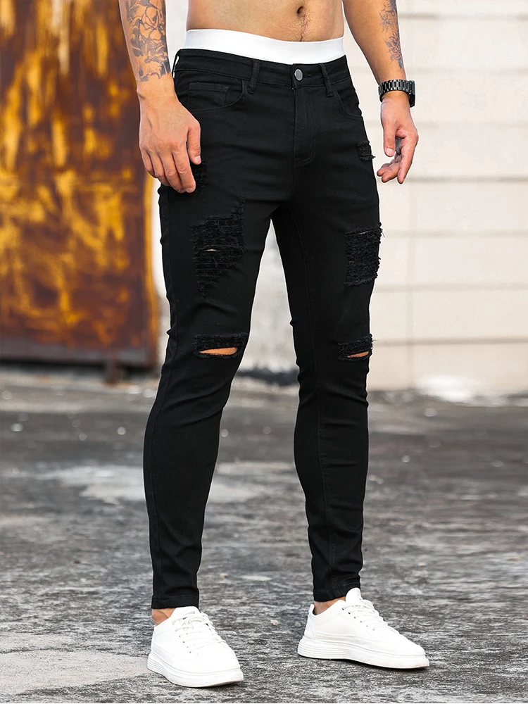 Fashion Men's Street Ripped Jeans Pure Black Stretch Tight Small Foot Pencil Pants Boyfriend Club Clothing Denim Ropa Hombre