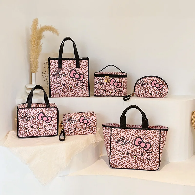 

Hello Kitty's New Leopard Print Series Cartoon Handbag Japanese Sanrio Kawaii Wash Bag Shoulder Bag Children's Toy Bag
