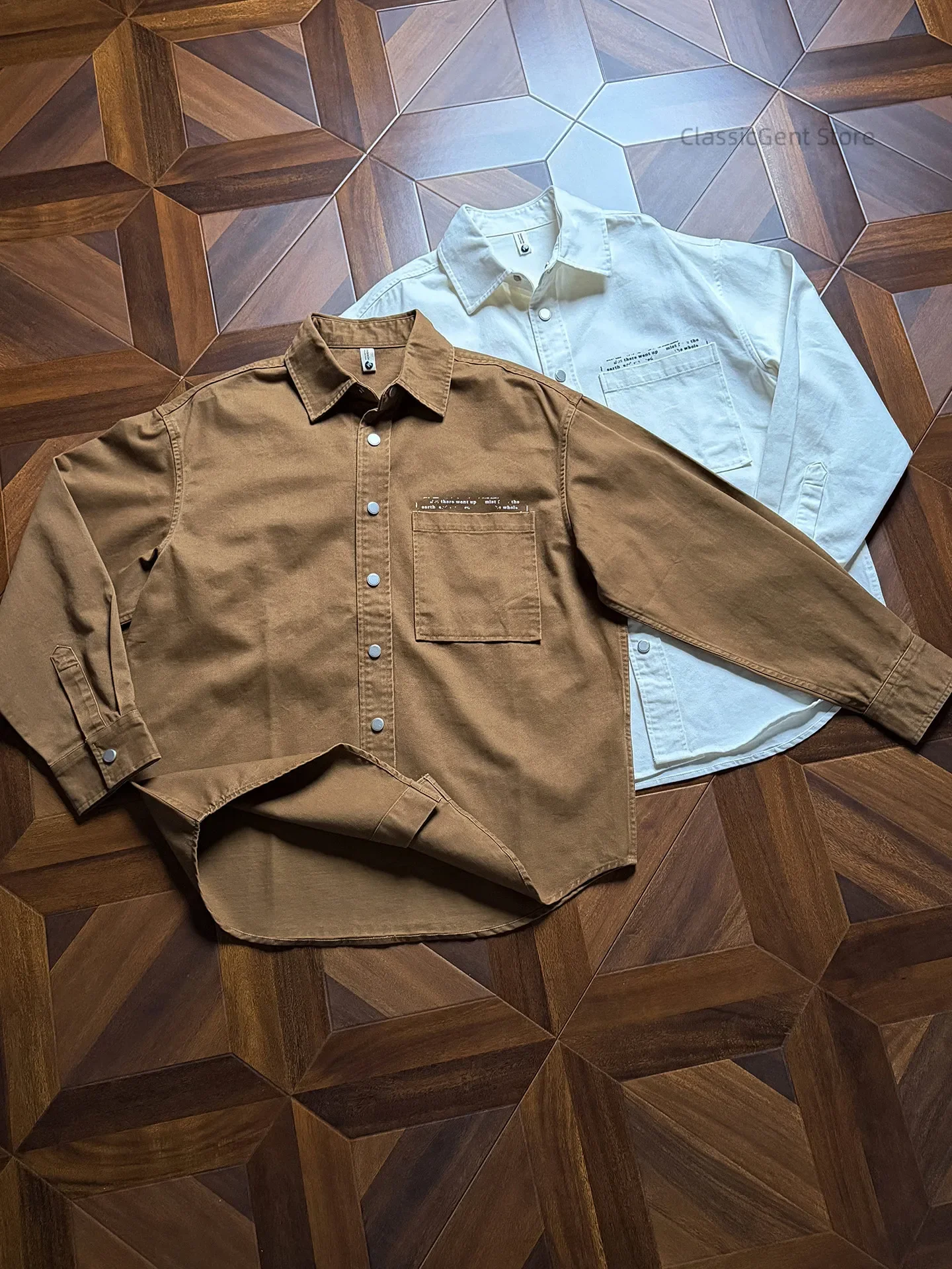 Natural texture chest pouch American retro tooling long-sleeved shirt, pure cotton jacket