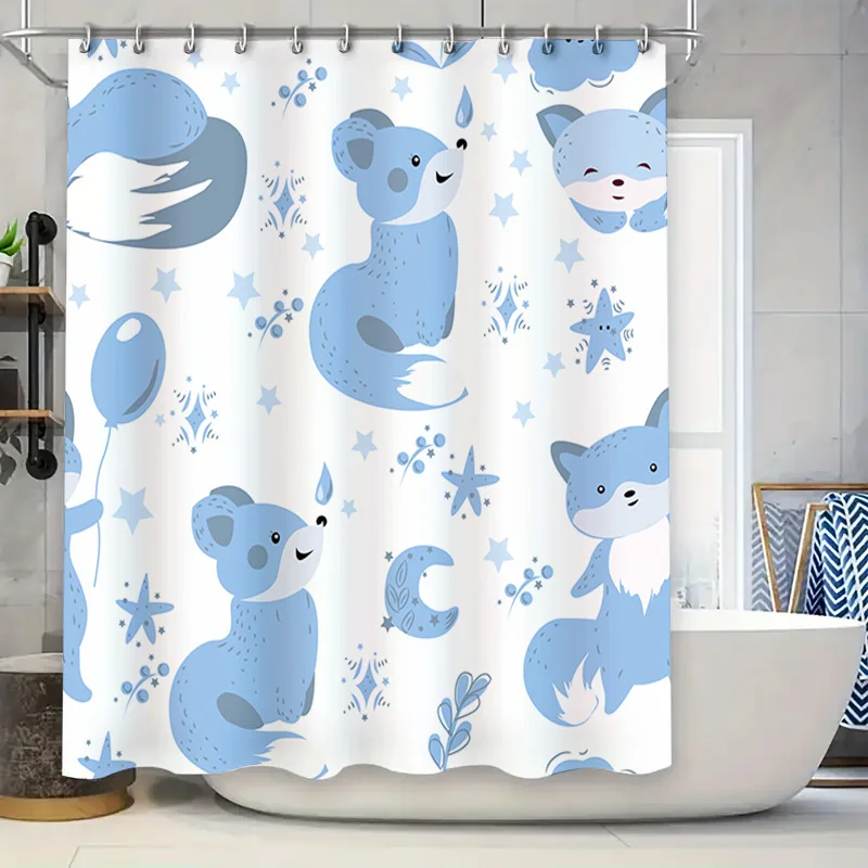 

Cute Blue Animal Cartoon Shower Curtain for Kids Bathroom Decor Waterproof Washable Home Decorative Window Panel White