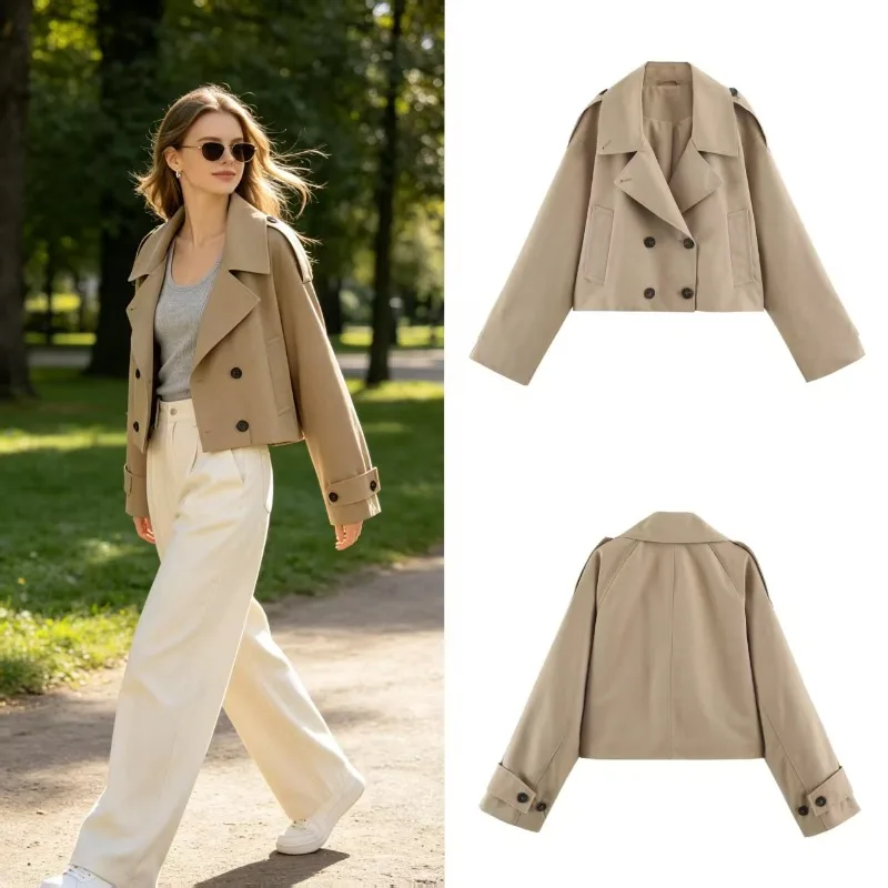 2026Early Autumn New Arrival Women S Fashion Versatile Date Outfit Short Double Breasted Polyester Jacket Coat Long Sleeve