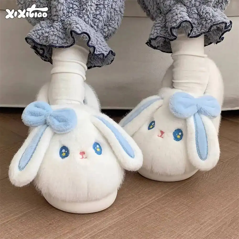

Women's Home Slippers Winter Cotton Indoor Household Plush Slippers Girly Bow Rabbit Design Cute Non Slip Closed Heel Home Shoes