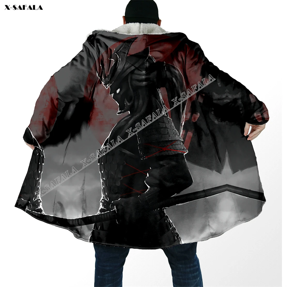 Japanese Samurai Harajuku Gray 3D Printed Overcoat Hooded Blanket Coat Cape Robe Fleece Loose Men Female Cloak Windproof