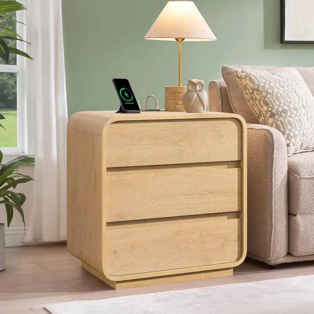 25 Tall Farmhouse-Style Nightstand with 3 Drawers and Charging Station for Bedside Storage