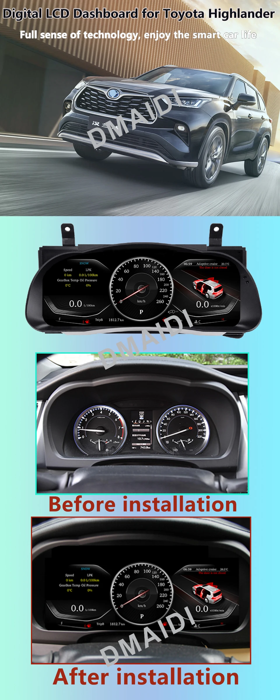 12.3inch Virtual Cockpit Digital Dashboard For TOYOTA Highlander 2015-2020 Instrument Cluster Panel Linux System LCD Speedometer