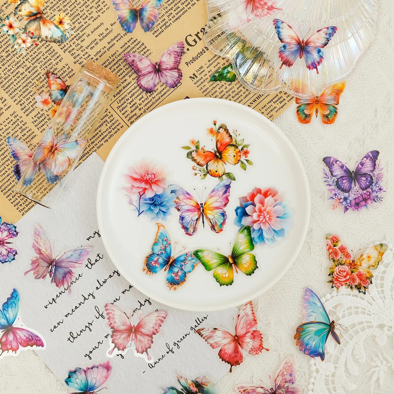 50 Pcs PET Colorful Butterfly Stickers Waterproof DIY Water Cup Phone Case Decoration Cute Butterfly Sticker