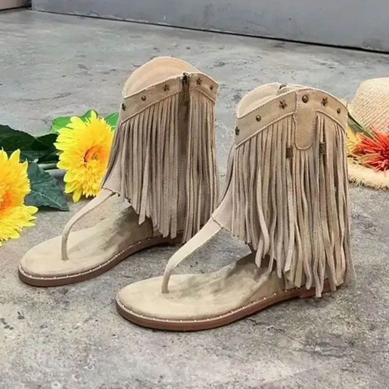 2024 Summer Retro Style Bohemian West Khaki Cowboy Boots Open Toe Fringe Design Ankle Boots Casual Fashion Women\'s Knight Boots